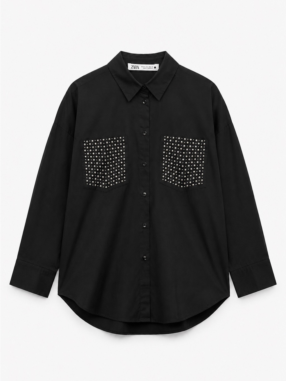 ZARA Black oversized Button-Up Shirt with Studded Pockets.